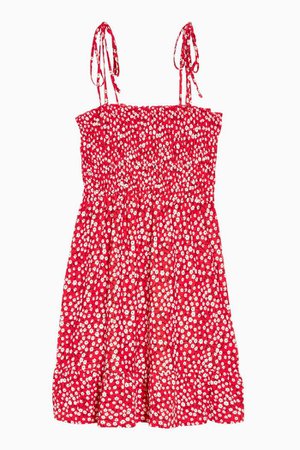 Red Ditsy Shirred Flippy Dress | Topshop