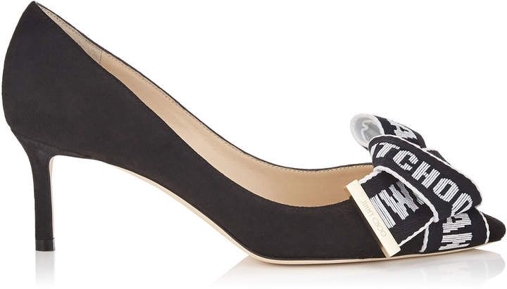 TEGAN 60 Black Suede Pointy Toe Pumps with Logo Tape Bow Detailing