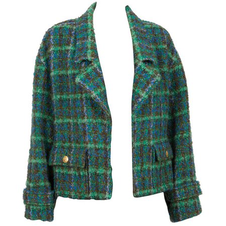Chanel Green and Blue Tweed Boucle Oversized Jacket For Sale at 1stdibs