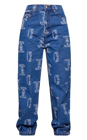 Mid Blue Wash Deathrow Records Graphic Jeans | PrettyLittleThing USA