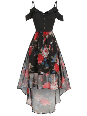 [26% OFF] Flounce Floral Print High Low Maxi Dress | Rosegal
