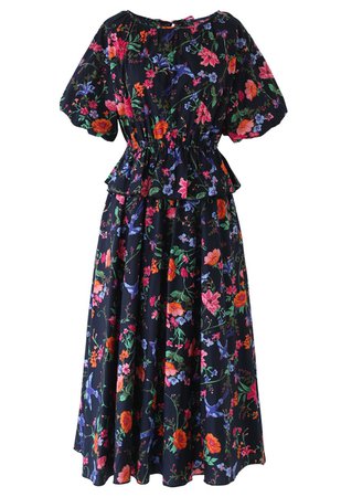 Flower and Swallow Print Puff Sleeves Midi Dress - Retro, Indie and Unique Fashion