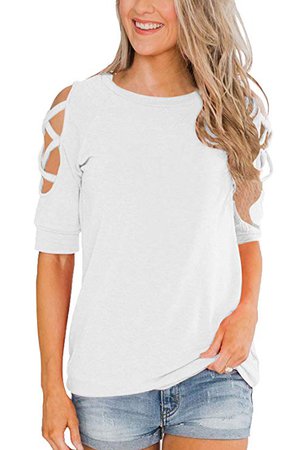 Topstype Womens Short Sleeve Tops Crew Neck Casual Shirts Criss Cross Sleeve Tee White at Amazon Women’s Clothing store: