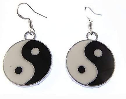 2.5cm 90's style enamel black and white yin yang metal earrings on sterling silver hooks in organza gift bag ying yan