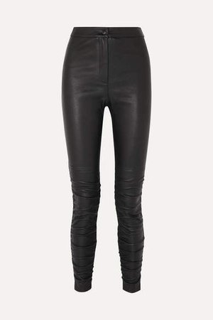 Ruched Stretch-leather Skinny Pants - Black
