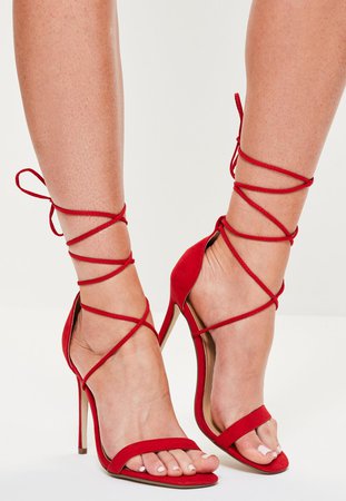 Red Lace Up Barely There Sandals