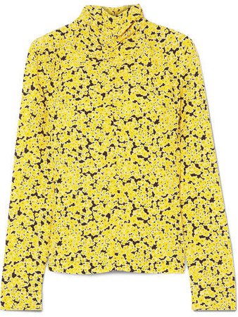 Ruched Floral-print Silk Turtleneck Top - Yellow