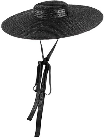 Jelord Women Ladies Vintage Straw Boater Hat Flat Top Wide Brim Floppy Derby Straw Hat Beach Sun Hats with Chin Strap (Black, 57cm[ 7 1/8]) at Amazon Women’s Clothing store