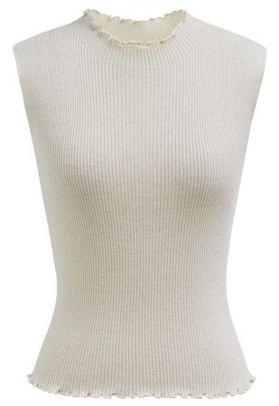 Glittery Lettuce Edge Sleeveless Knit Top in Cream - Retro, Indie and Unique Fashion