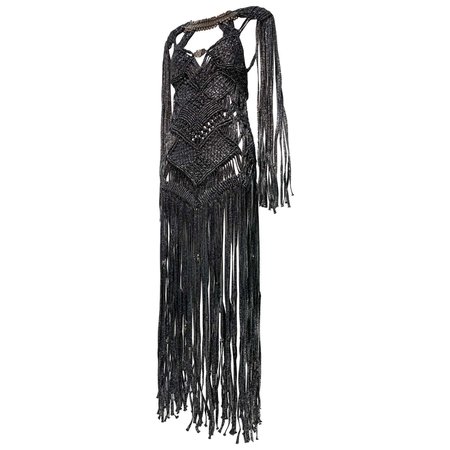 Torso Creations Gunmetal Macrame Lame Goddess Gown w/ MidEast Collar Detail For Sale at 1stDibs