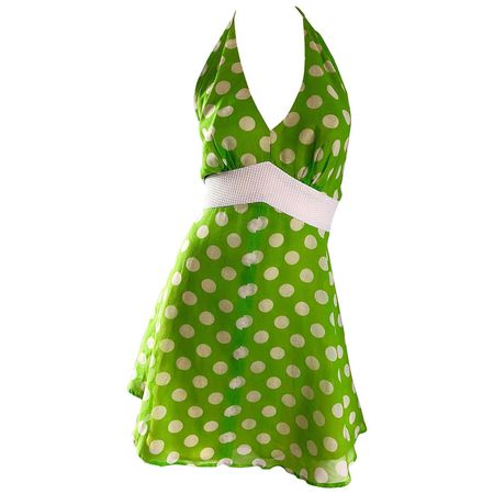 Vintage Lime Green + White Polka Dot 1990s Cotton Voile 90s Halter Mini Dress For Sale at 1stDibs | 90s halter dress, lime green polka dot dress, green and white mini dress