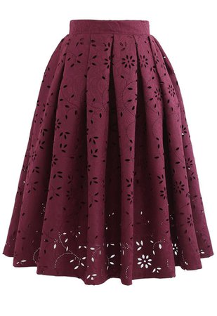 Floral Cutwork Jacquard Midi Skirt in Wine - Retro, Indie and Unique Fashion