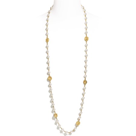 Metal & Glass Pearls Gold & Pearly White Long Necklace | CHANEL