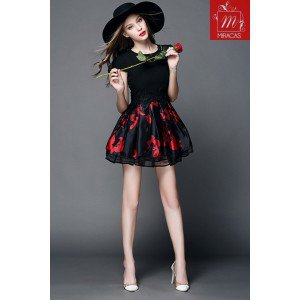 Stylish Cap Sleeves Round Neck Red Flower Printed Cute Short Black Dress - Miracas International Limited
