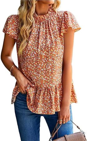 Molilove Womens Summer Floral Tops Mock Neck T Shirts Cute Short Sleeve Tunic Blouse Shirt Top Casual T Shirt Blouse at Amazon Women’s Clothing store