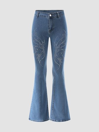 Wonderful RINSTA Butterfly Rhinestone Button Flared Jeans - Online - NewChic