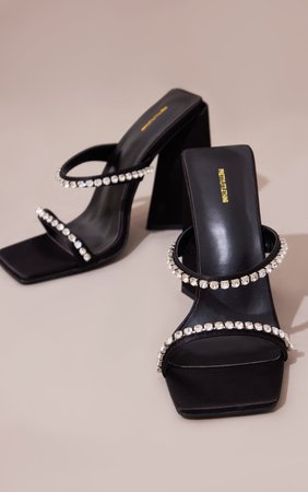 Black Diamante Twin Stap High Triangle Block Heel | PrettyLittleThing USA