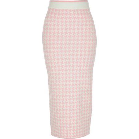Pink houndstooth knitted midi skirt | River Island