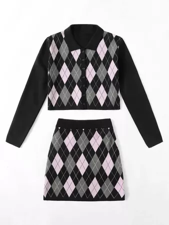 Argyle Pattern Cardigan & Knit Skirt | SHEIN USA
