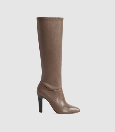 Cressida Taupe Leather Knee High Boots – REISS