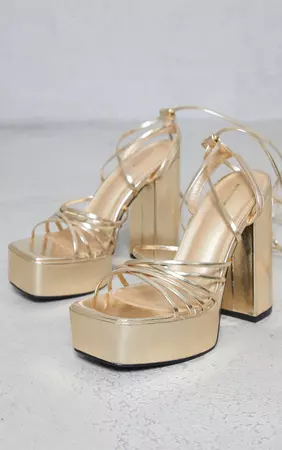 Gold Multi Strap Platform High Block Heel Sandals | PrettyLittleThing USA