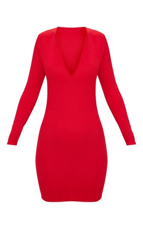 Pretty Little Thing Red Long Sleeve Plunge Bodycon Dress