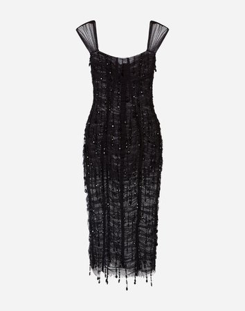 Women's Dresses in Black | Calf-length dress with square neckline | Dolce&Gabbana