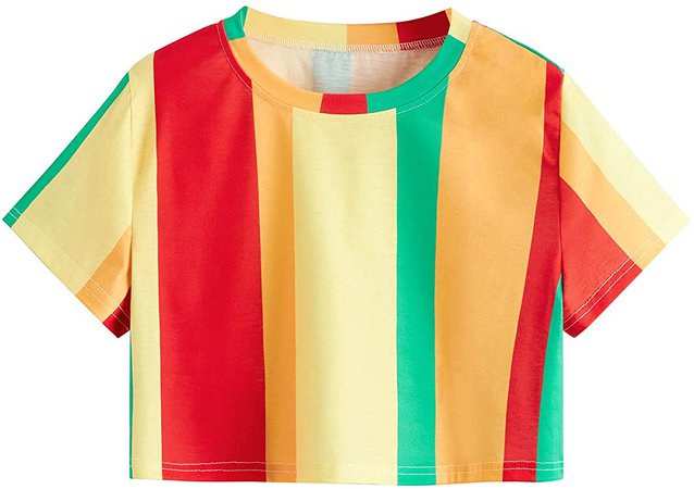SweatyRocks Women's Short Sleeve Round Neck Colorblock Stripe Tee Shirt Crop Top at Amazon Women’s Clothing store