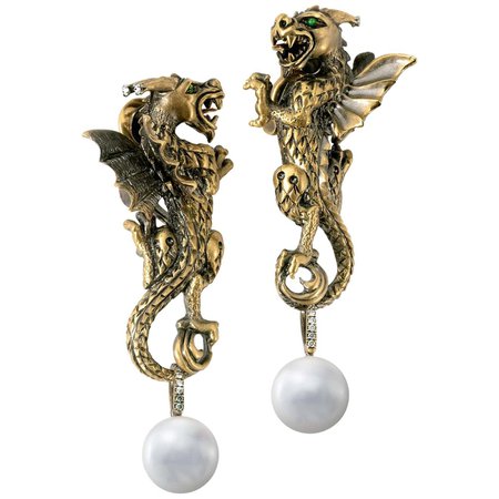 Wendy Brandes Yellow Gold Dragon Earrings With Pearls, Diamonds, and Tsavorites For Sale at 1stDibs