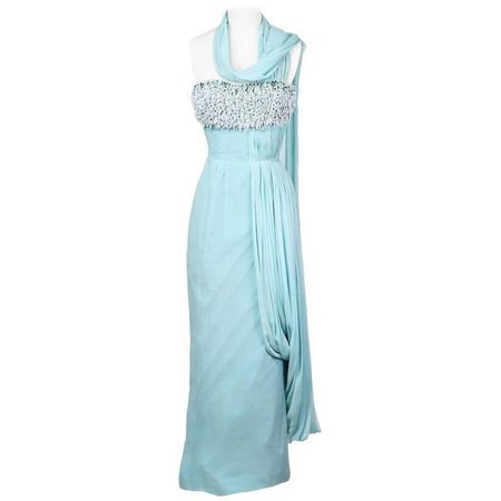 Madame Grès Turqoise Chiffon Gown circa late 1950s For Sale at 1stdibs
