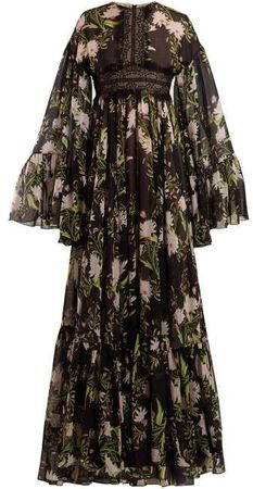 Lace Insert Floral Print Silk Gown - Womens - Black Multi