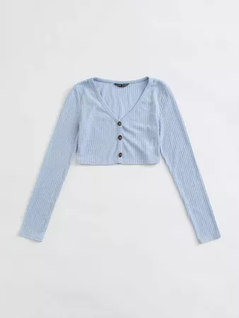Button Front Rib-knit Crop Tee | SHEIN USA blue