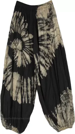Ebony and Ivory Tie Dye Swirl Pattern Harem Trousers | Black | Split-Skirts-Pants, Vacation, Beach, Tie-Dye, Bohemian