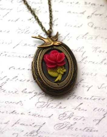A Tiny Dark Pink Rose Flower, Flying Bird Swallow, Oval Locket Necklace. Daughter & Mom. Vintage Style. Nature Inspired. For Wife. New Baby