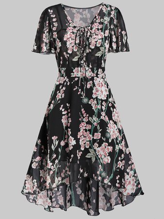 [38% OFF] Flower Print Lace-up High Low Midi Dress | Rosegal