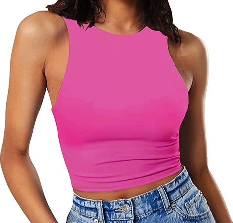 Artfish Women's Sleeveless Cropped Shirts High Neck Stretchy Fitted Basic Crop Tank Top at Amazon Women’s Clothing store