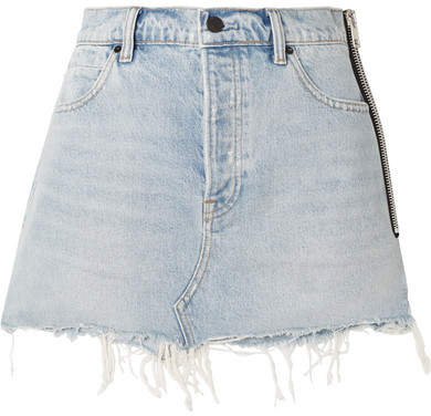 Zip-embellished Frayed Denim Mini Skirt - Light denim