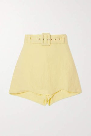 Celia Belted Layered Linen Shorts - Pastel yellow