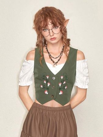 Is That The New Fairycore Mushroom Embroidery Button Front Vest Jacket ??| ROMWE USA
