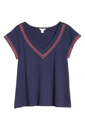 Caslon® Embroidered Neck Short Sleeve Cotton Blend Top | Nordstrom