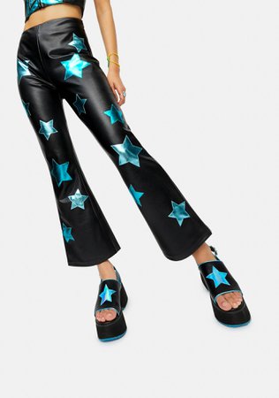 Delias Groovy Vegan Leather Holographic Star Flare Pants - Black Blue | Dolls Kill