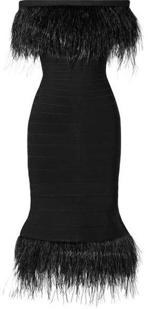 Off-the-shoulder Feather-trimmed Bandage Dress - Black