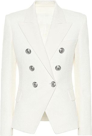 High Street Blazer Women's Double Breasted Metal Lion Silver Buttons Blazer Jacket at Amazon Women’s Clothing store
