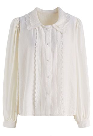 Tiered Scalloped Doll Collar Button Down Shirt in Cream - Retro, Indie and Unique Fashion