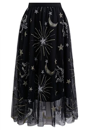Mysterious Night Moon and Star Embroidered Mesh Tulle Skirt in Black - Retro, Indie and Unique Fashion
