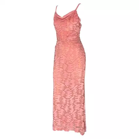 F/W 1997 Chloé by Karl Lagerfeld Pink Sheer Chiffon Abstract Chenille Gown For Sale at 1stDibs