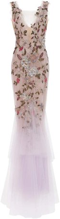 Plunging Neckline Embroidered Dragonfly Gown