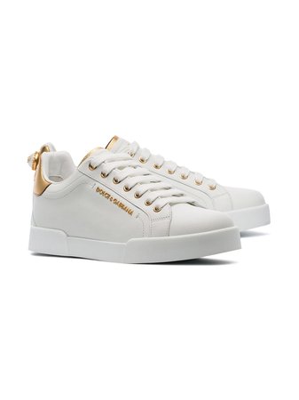 DOLCE & GABBANA white pearl embellished leather sneakers