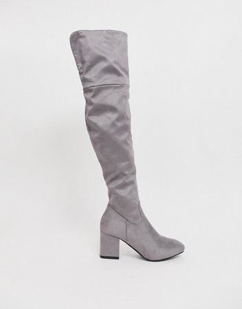 Boohoo exclusive block heel over the knee boots in gray | ASOS