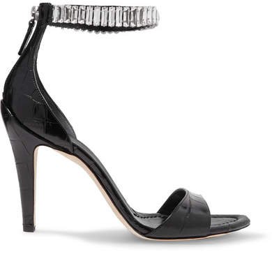 Crystal-embellished Croc-effect Leather Sandals - Black